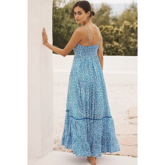 Anthropologie Ro's Garden Maxi Dress Blue Motif Tatiana Vacay Preppy Small NWT - Picture 2 of 7